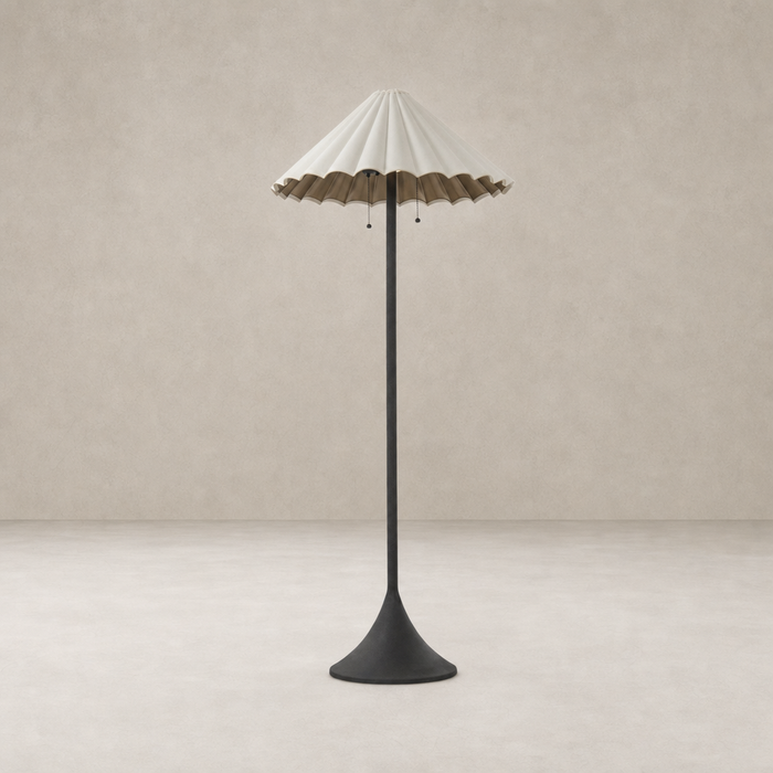 Cream canvas floor lamp with a unique scalloped shade and sleek black base.