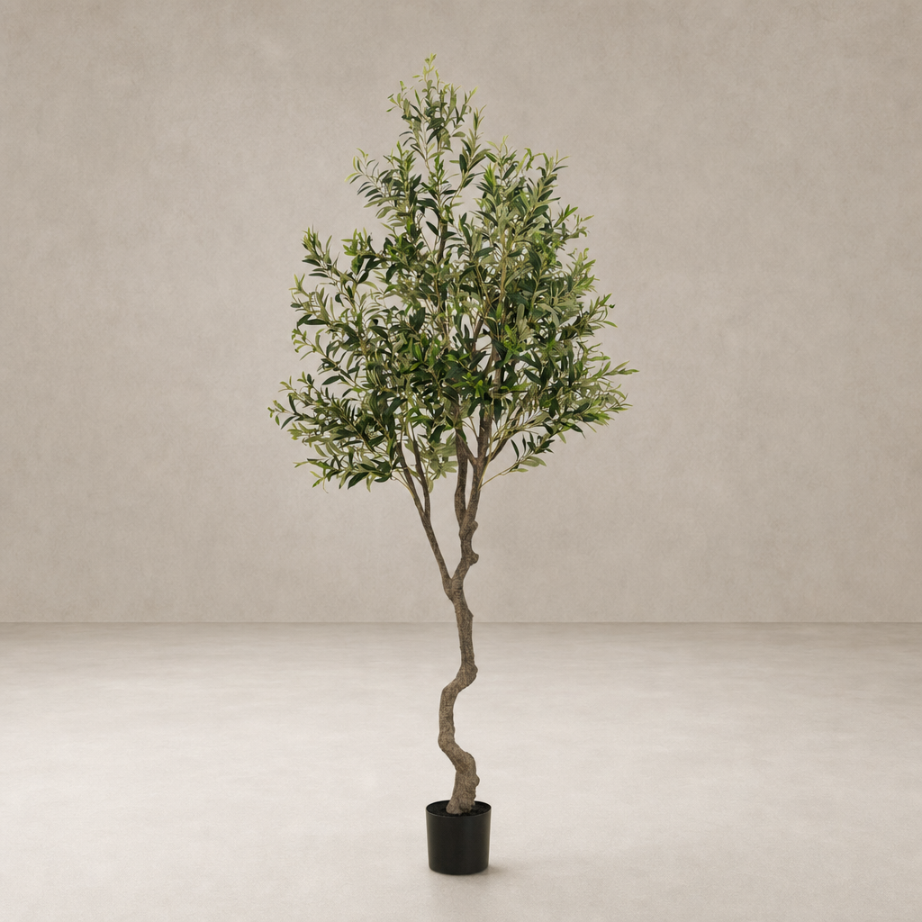Faux olive tree in a black pot, featuring a twisted trunk and lush green leaves.