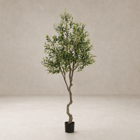 Faux olive tree in a black pot, featuring a twisted trunk and lush green leaves.