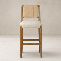 Kauri Bar + Counter Stool in Alcala Wheat with woven backrest and cushioned seat.