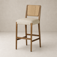 Kauri Bar + Counter Stool in Alcala Wheat with woven back and sturdy wooden legs.