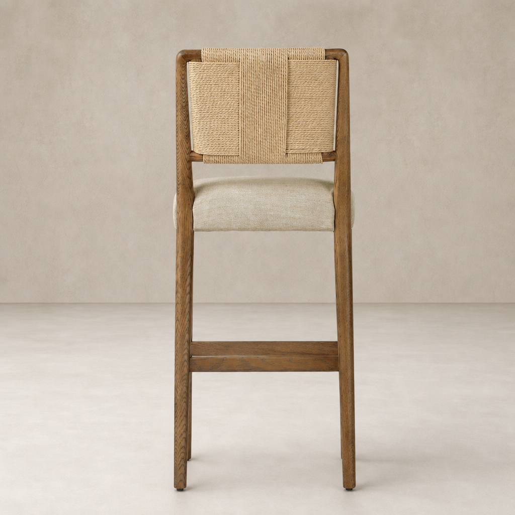 Kauri Bar + Counter Stool in Alcala Wheat with woven back and soft cushion.