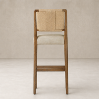 Kauri Bar + Counter Stool in Alcala Wheat with woven back and soft cushion.