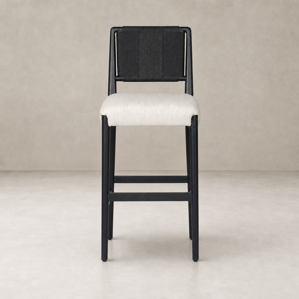 Kauri Bar + Counter Stool in Essence Natural, featuring a sleek design and textured backrest.