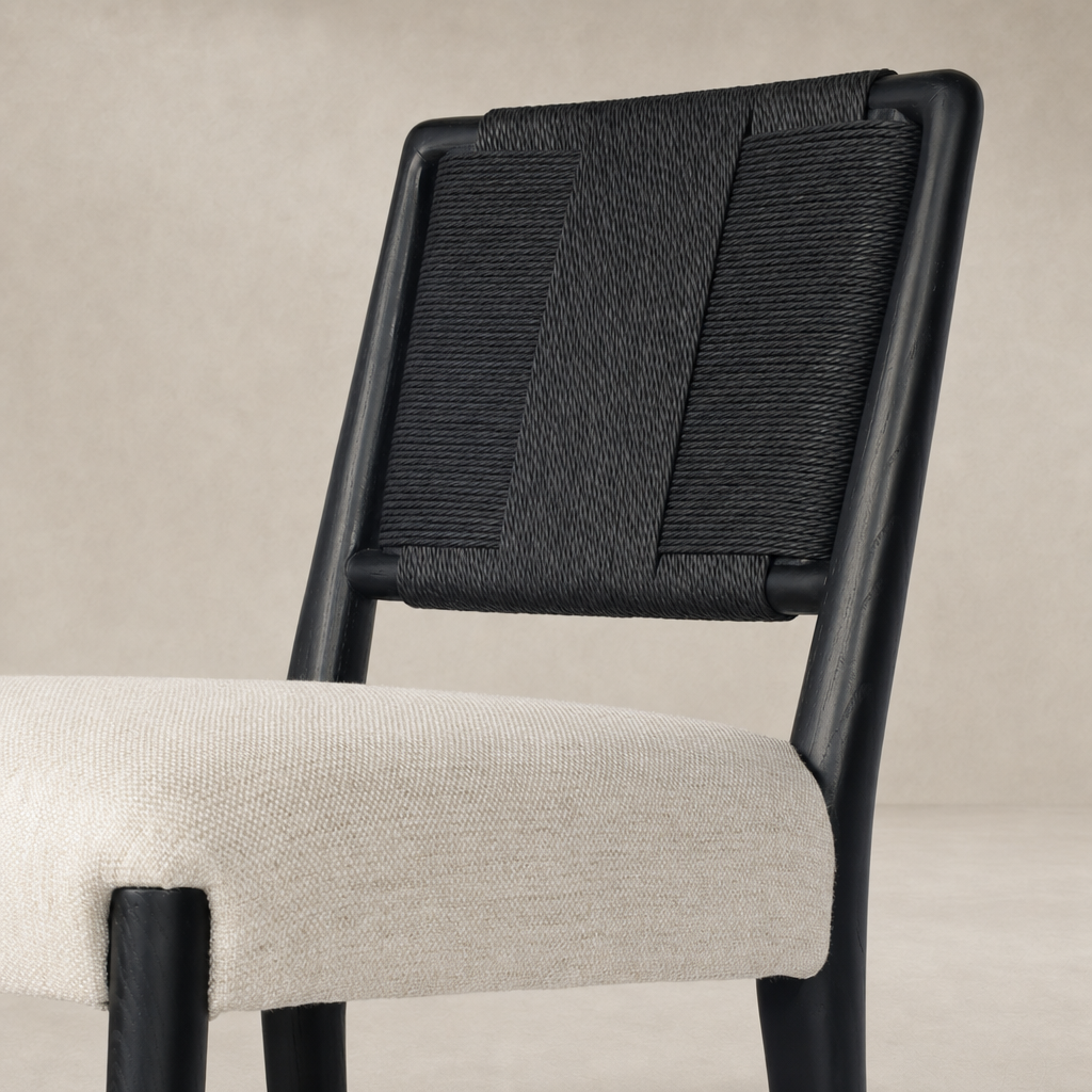 Kauri Bar + Counter Stool in Essence Natural showcasing a textured black woven backrest.