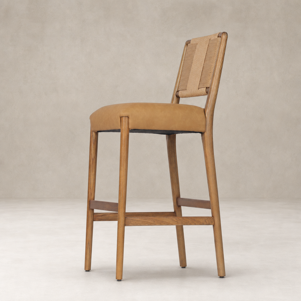Kauri Bar + Counter Stool in Maestro Camel with sleek wooden legs and stylish woven back.