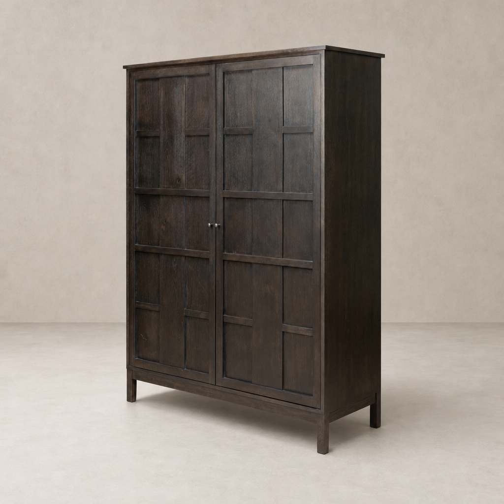 Bristol Cabinet in smoked black featuring a sleek, modern design and geometric door panels.