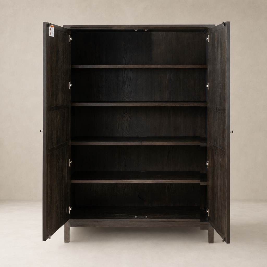 Bristol Cabinet in Smoked Black featuring spacious shelves and a sleek design.