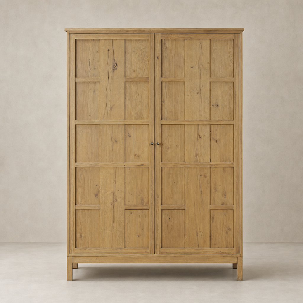 Bristol Cabinet in aged natural oak featuring a minimalist design and grid pattern doors.