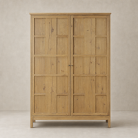 Bristol Cabinet in aged natural oak featuring a minimalist design and grid pattern doors.