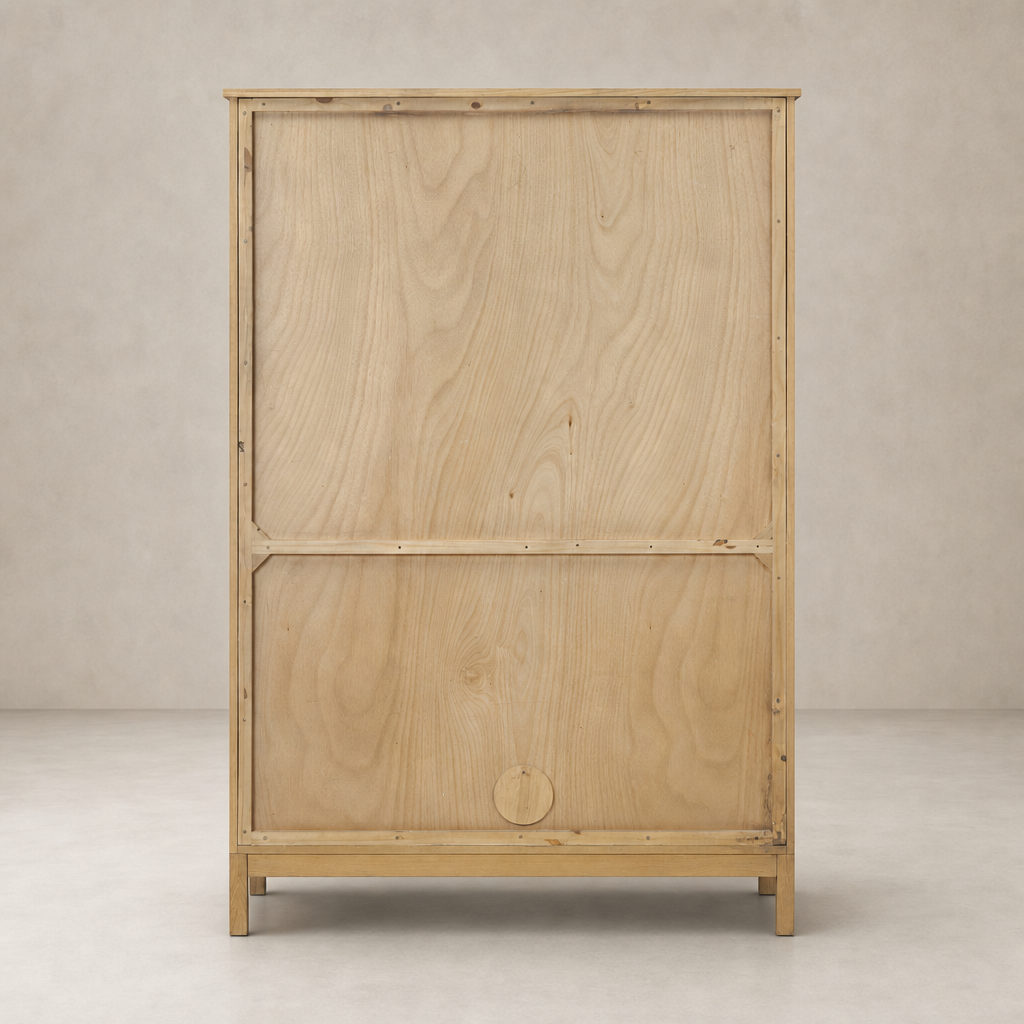 Bristol Cabinet in aged natural oak showcasing a minimalist design and wood grain texture.