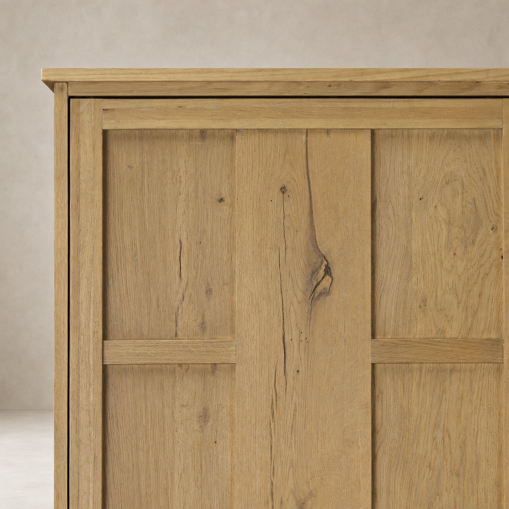 Bristol Cabinet features aged natural oak with a warm, textured finish.