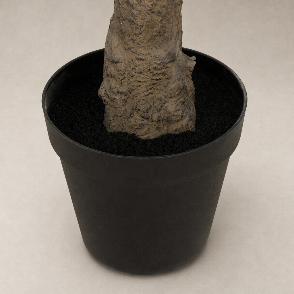 Faux Olive Tree Wide with detailed trunk in a matte black pot.