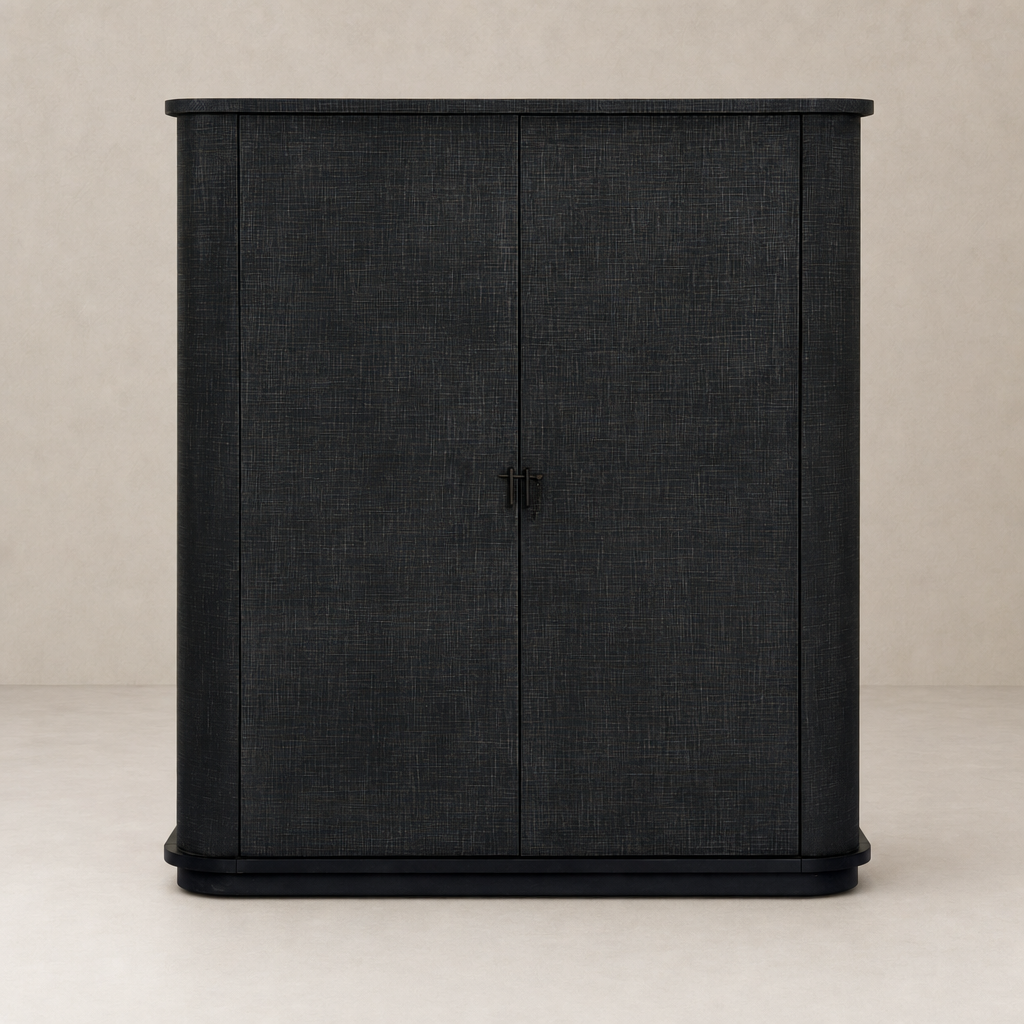 Kanoa Cabinet in black linen featuring a sleek, textured finish and simple handles.