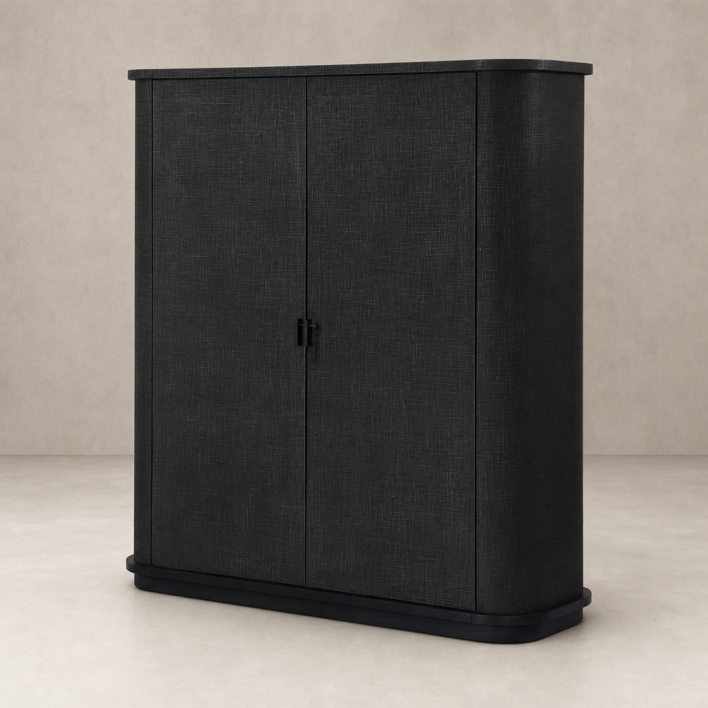 Sleek Kanoa Cabinet in black linen with curved edges and stylish handles.