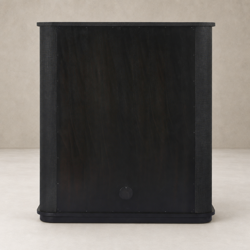 Kanoa Cabinet in black linen features a sleek rectangular design with textured sides.