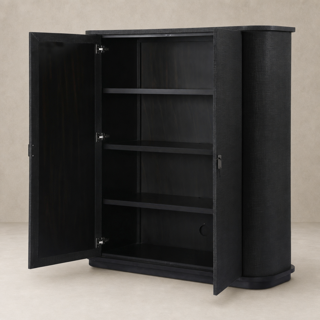 Kanoa Cabinet in black linen featuring sleek curves and spacious interior shelves.