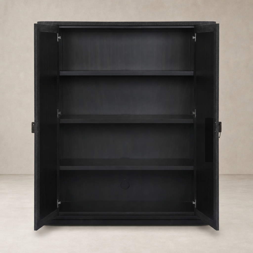 Kanoa Cabinet in black linen with spacious shelving and sleek modern design.