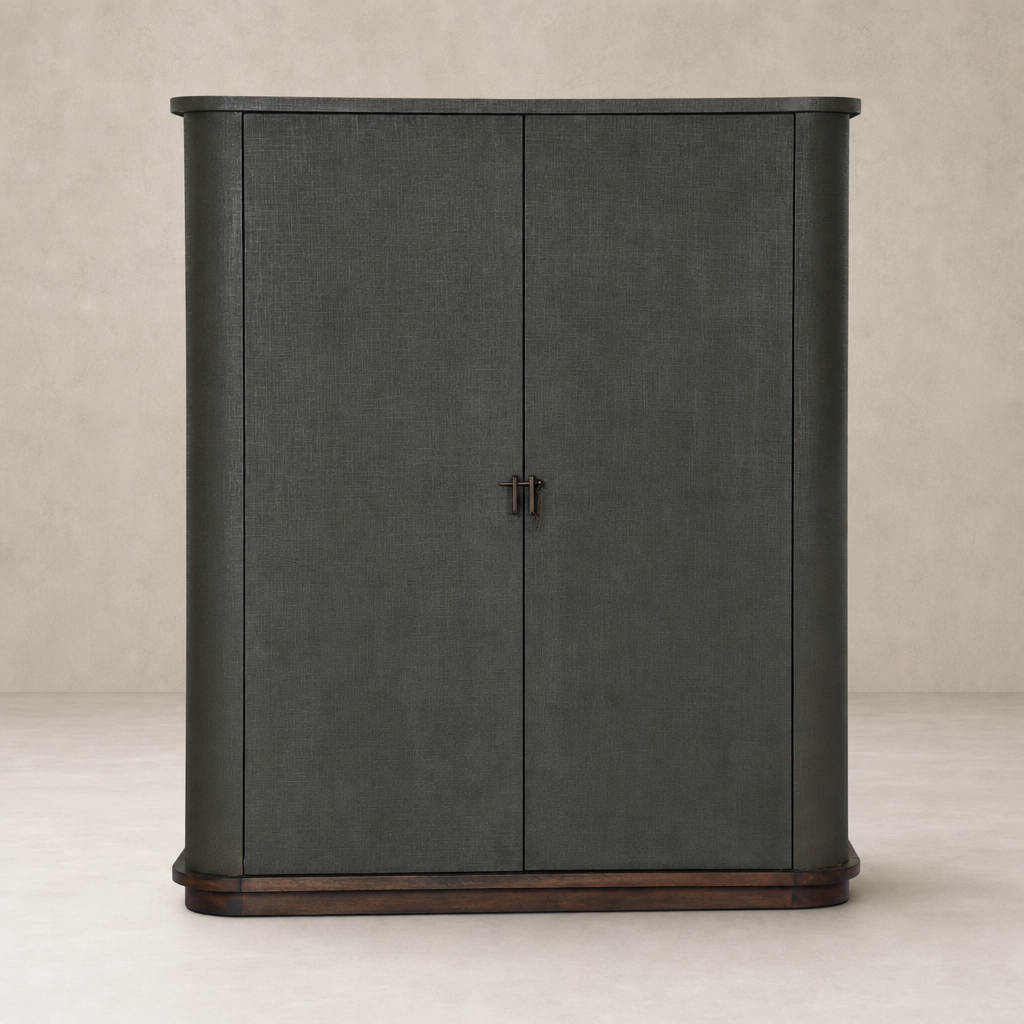 Stylish Kanoa Cabinet in dark green lacquered linen with rounded edges and wood base.