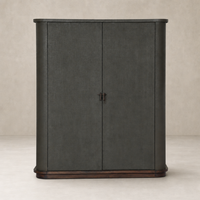 Stylish Kanoa Cabinet in dark green lacquered linen with rounded edges and wood base.