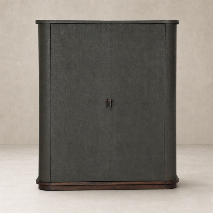 Stylish Kanoa Cabinet in dark green lacquered linen with rounded edges and wood base.