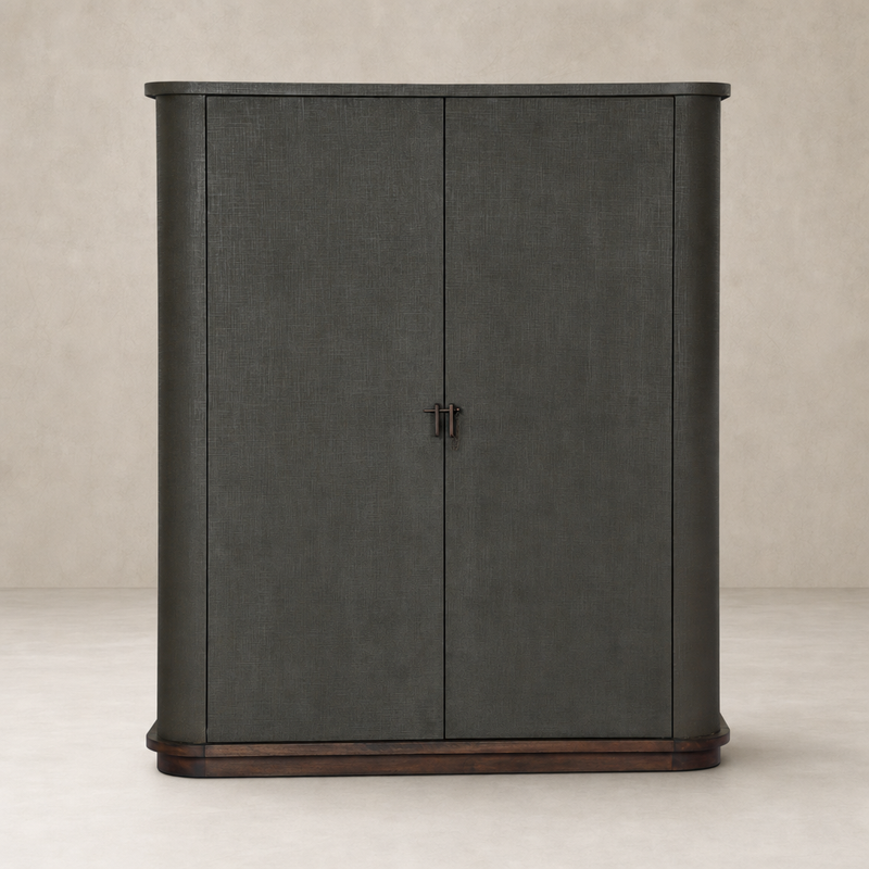 Stylish Kanoa Cabinet in dark green lacquered linen with rounded edges and wood base.