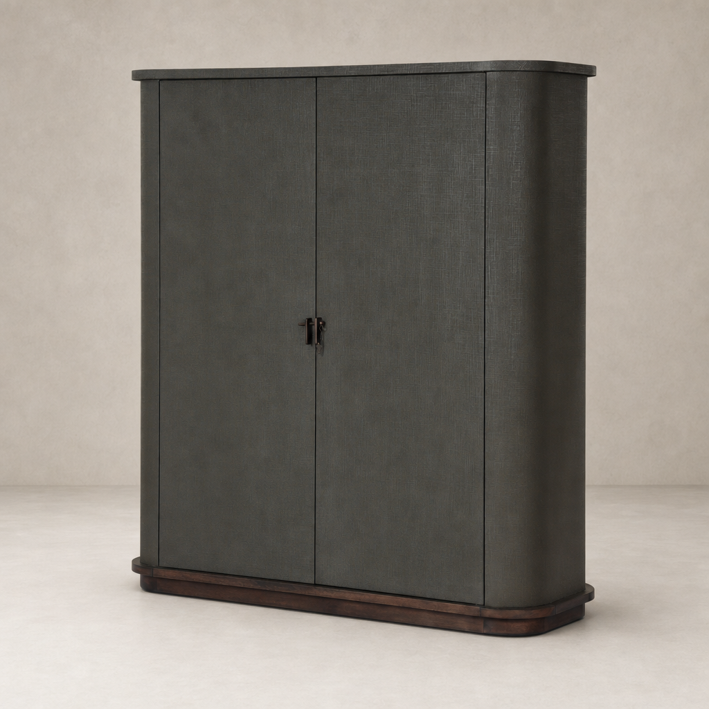 Kanoa Cabinet in dark green lacquered linen with sleek rounded edges and wooden base.