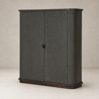 Kanoa Cabinet in dark green lacquered linen with sleek rounded edges and wooden base.