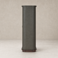 Sleek Kanoa Cabinet in dark green lacquered linen with curved edges and wooden base.