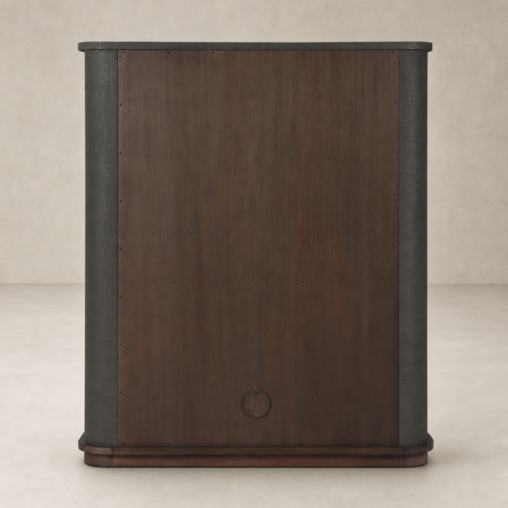 Kanoa Cabinet in dark green lacquered linen with a sleek, minimalist design.