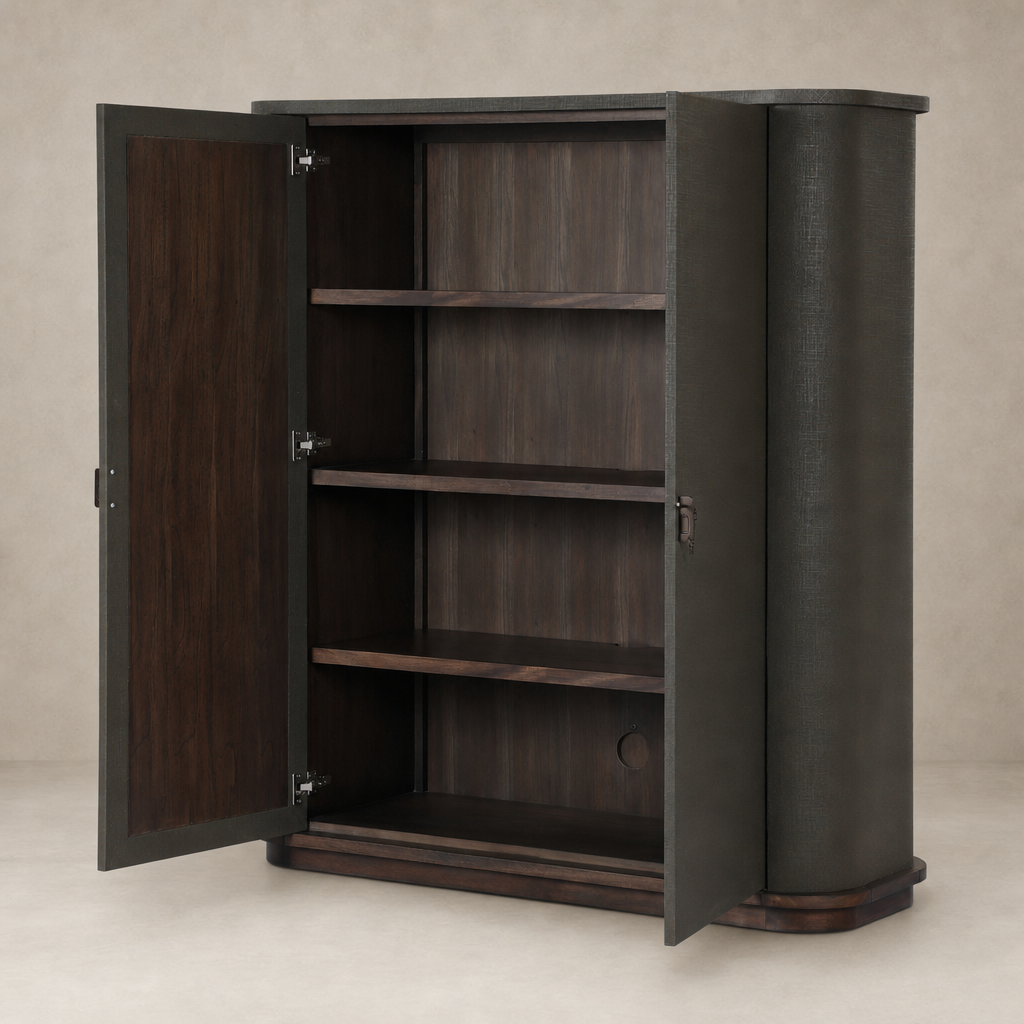 Kanoa Cabinet in dark green lacquered linen with curved edges and wooden shelves.