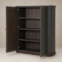 Kanoa Cabinet in dark green lacquered linen with curved edges and wooden shelves.