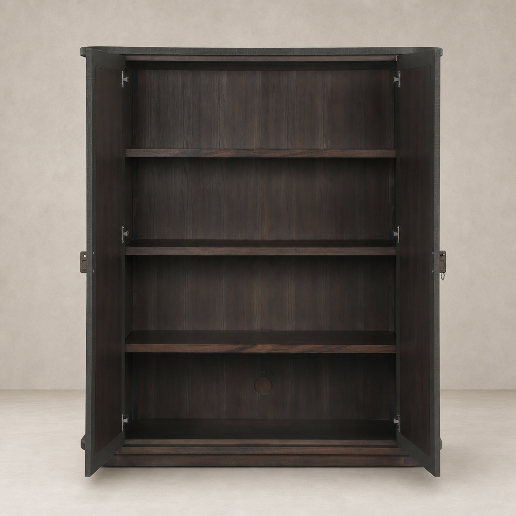 Spacious Kanoa Cabinet in dark green lacquered linen with adjustable shelves.