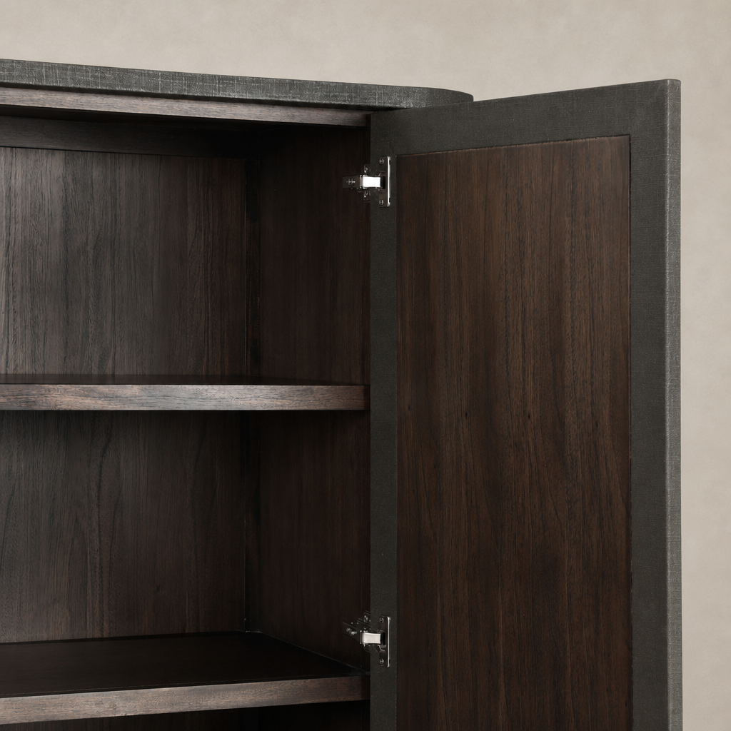Kanoa Cabinet with dark green lacquered linen featuring sleek shelves and modern hardware.