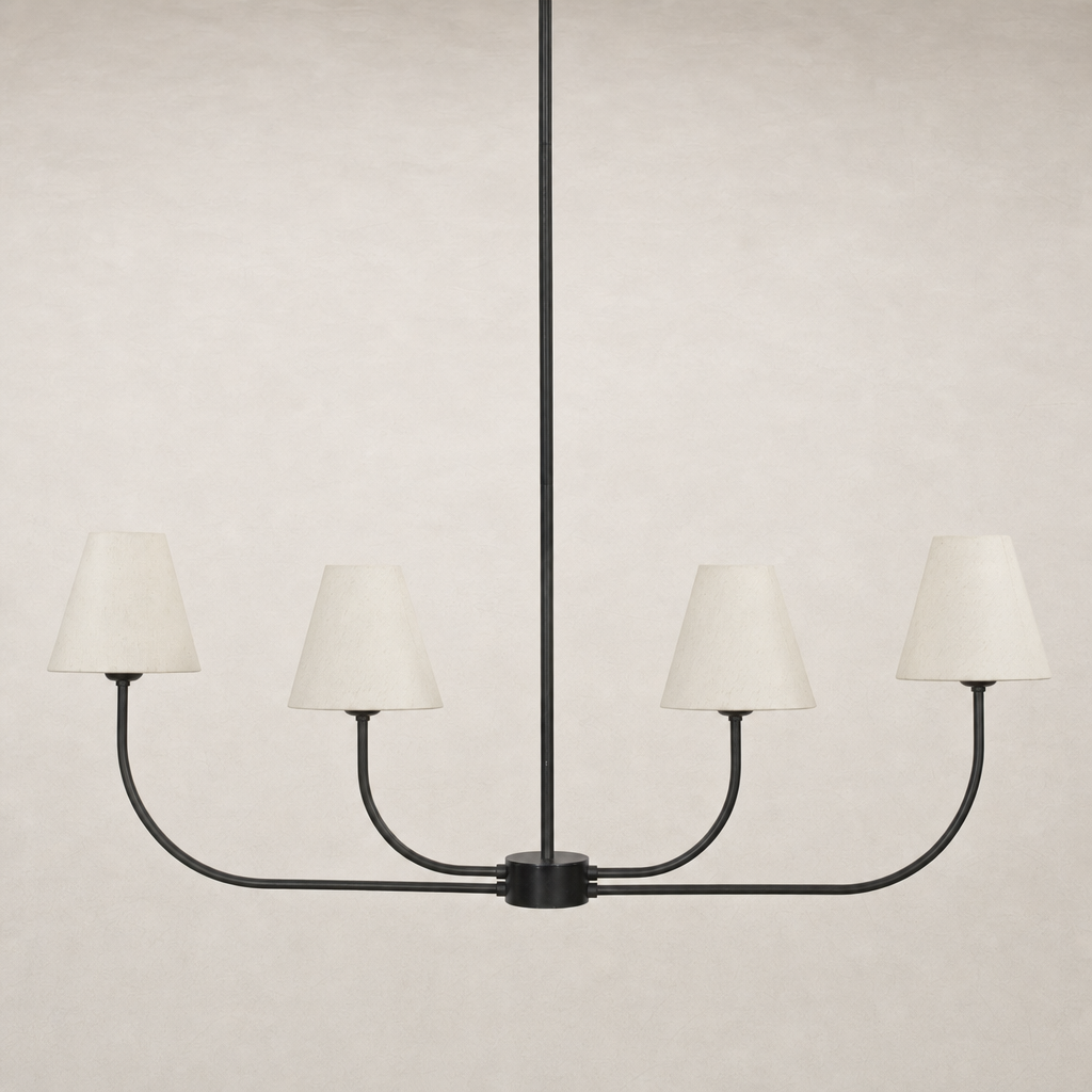 Linear chandelier in natural bronze with four fabric shades and a sleek design.