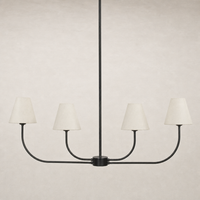 Linear chandelier in natural bronze with four fabric shades and a sleek design.
