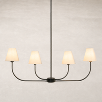 Linear chandelier in natural bronze with four cream shades and curved arms.