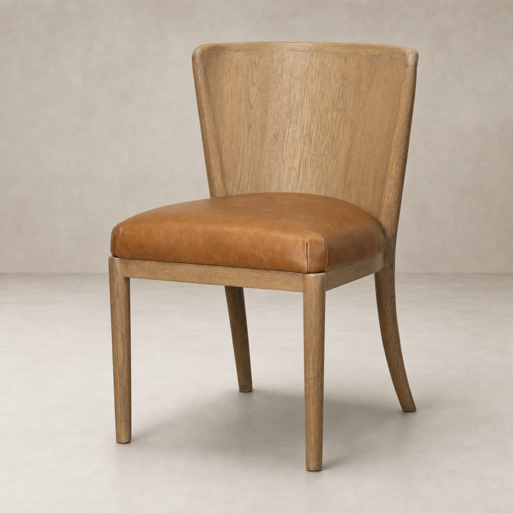 Skye Dining Chair in Sonoma Chestnut with a sleek, contoured wood back and leather seat.