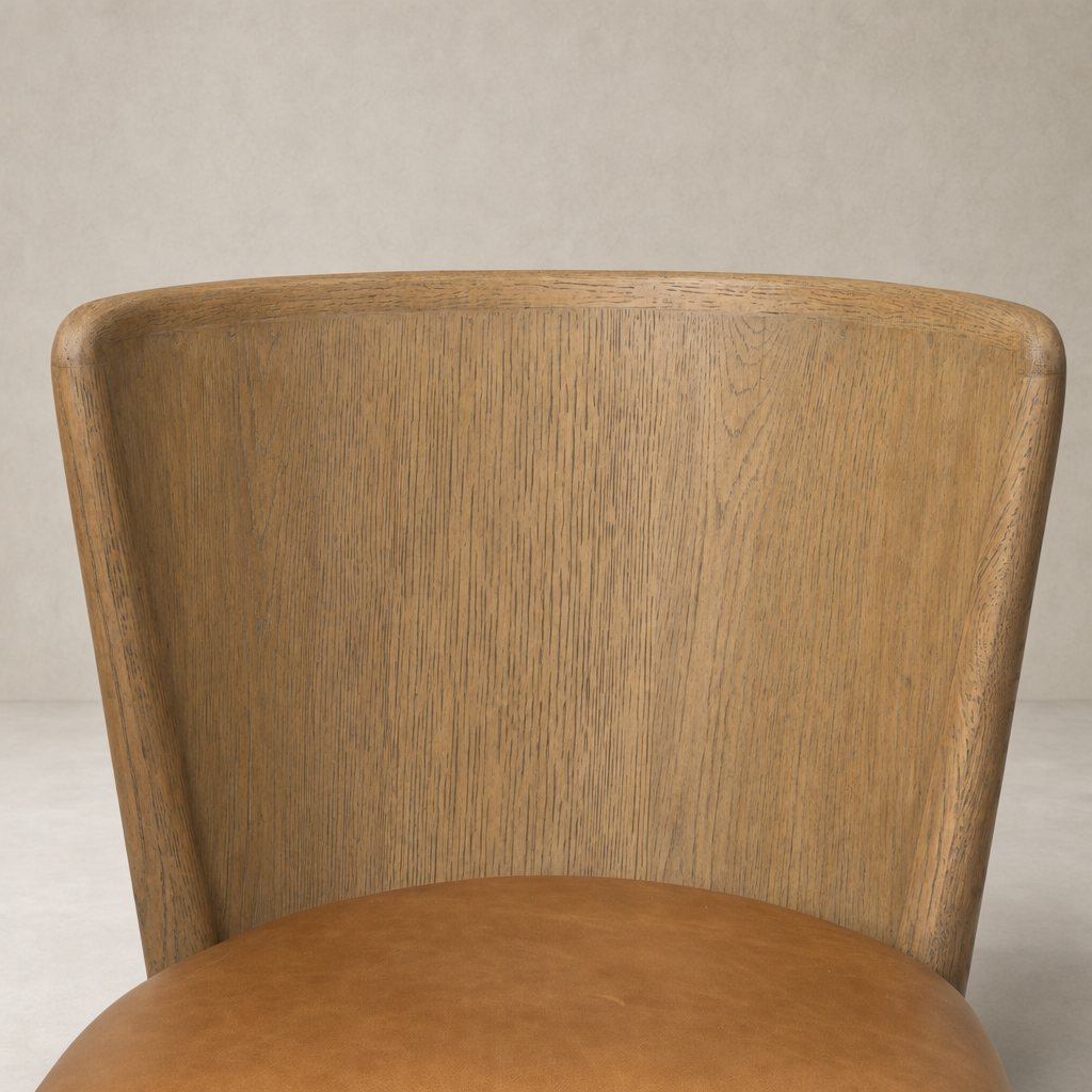 Skye Dining Chair with Sonoma Chestnut wood back and tan leather seat.