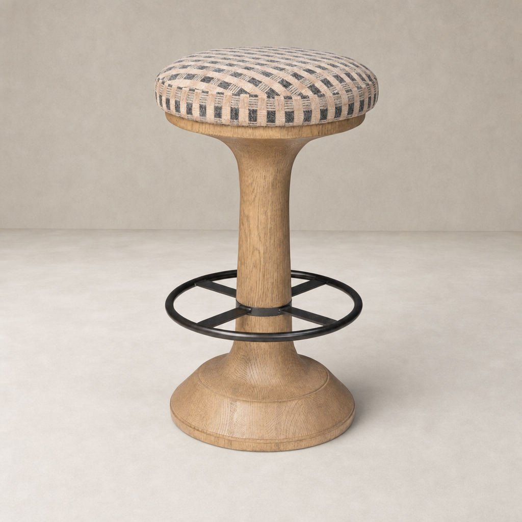 Stylish counter stool featuring Firefinch Fawn upholstered seat and curved wooden base.