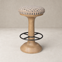Stylish counter stool featuring Firefinch Fawn upholstered seat and curved wooden base.