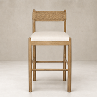 Seoul Bar + Counter Stool in Lynchart Sand with woven backrest and soft beige seat.