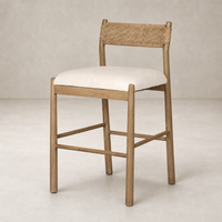 Seoul Bar + Counter Stool in Lynchart Sand with woven backrest and plush seat.