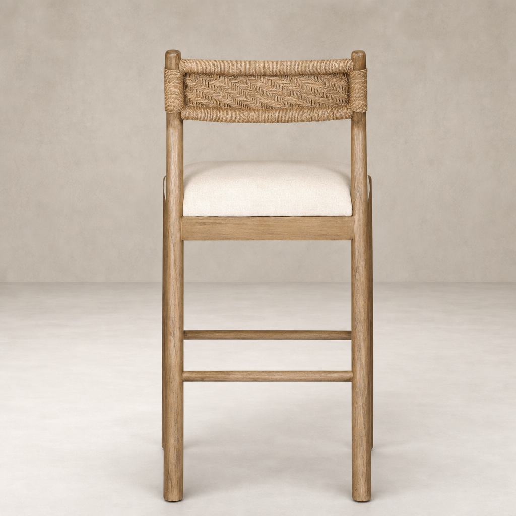 Seoul Bar + Counter Stool in Lynchart Sand with woven back and cushioned seat.