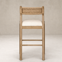 Seoul Bar + Counter Stool in Lynchart Sand with woven back and cushioned seat.