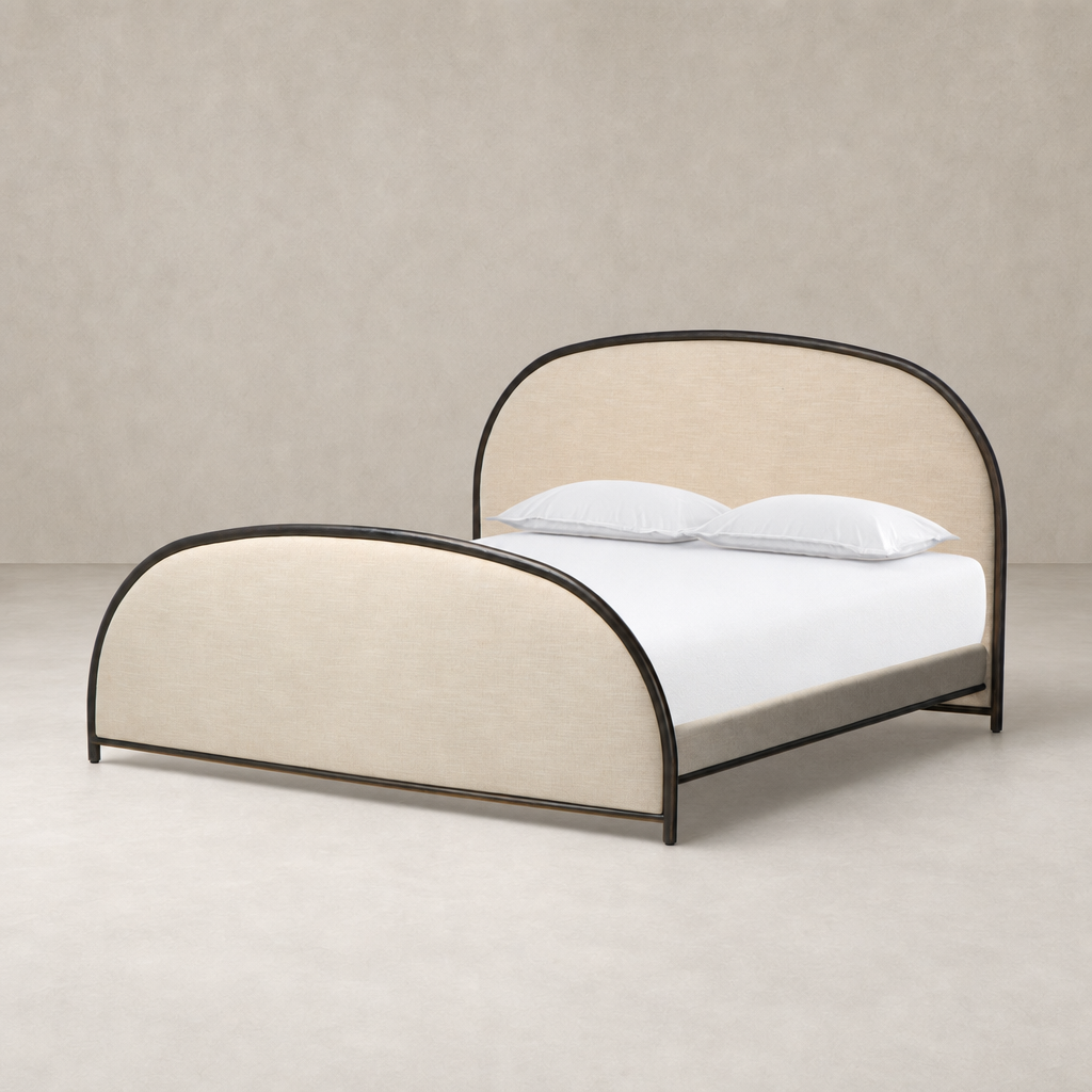 Savoy Parchment bed featuring rounded edges and a sleek design.