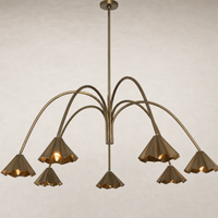 Aged antique brass iron chandelier with elegant flared shades and arching arms.