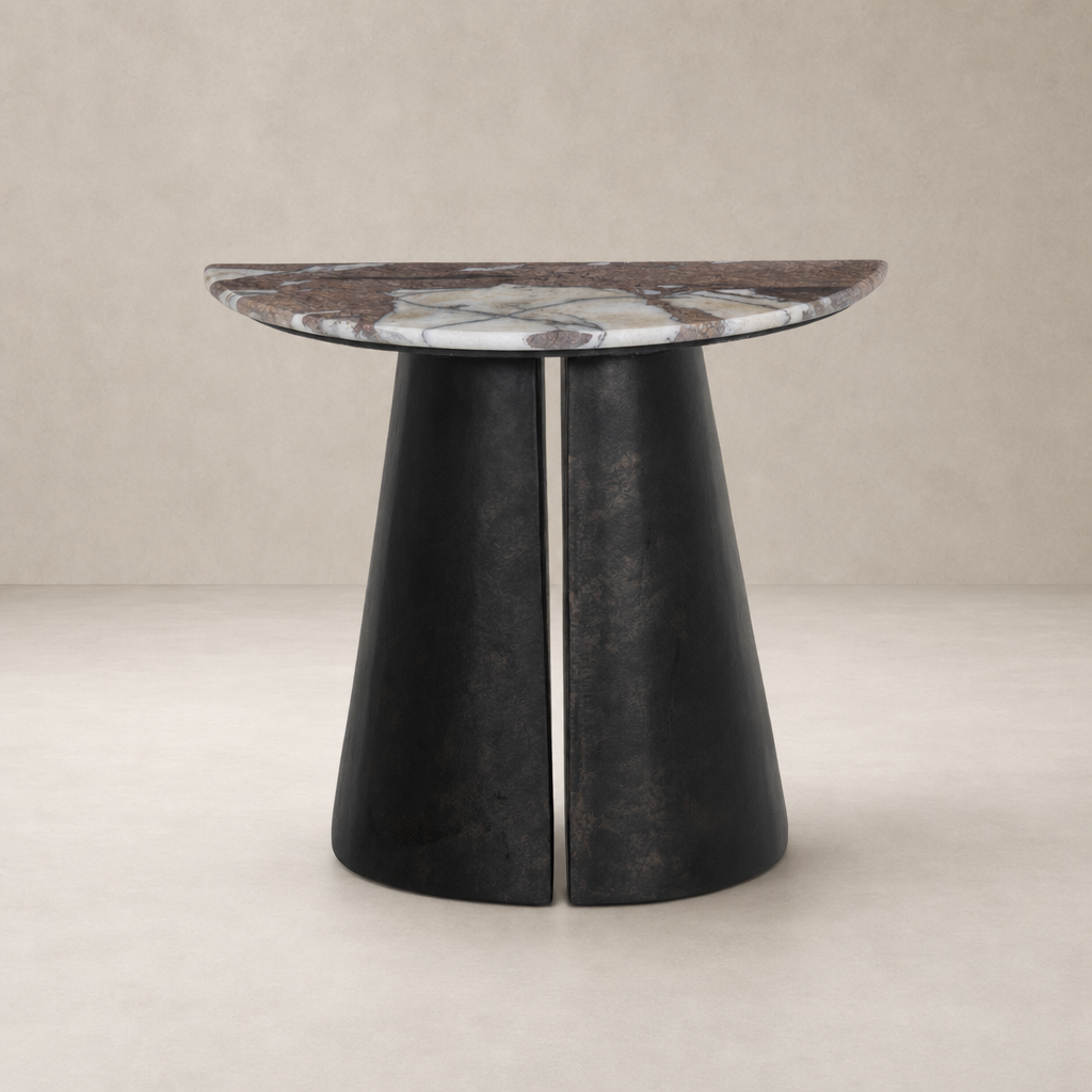 Bianca End Table features a round marble top and sleek black cone base.