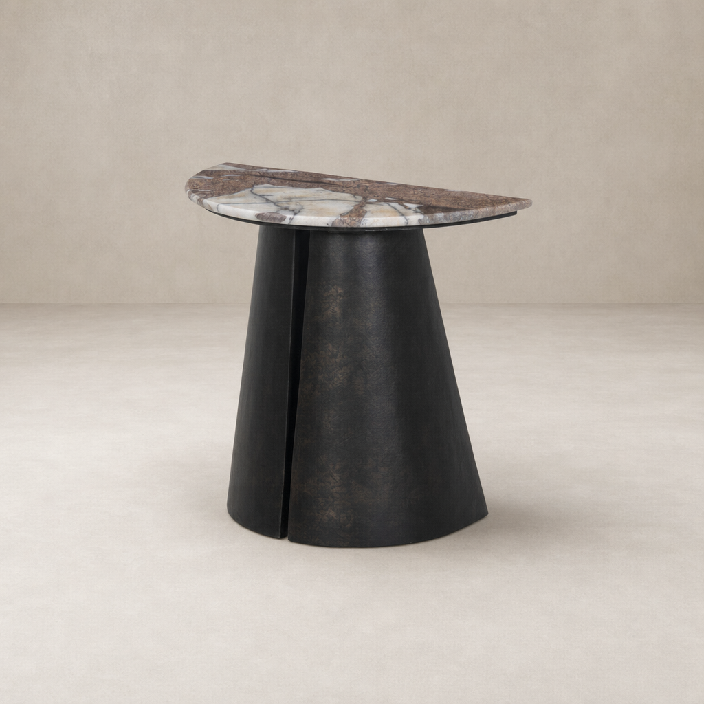 Bianca End Table featuring a sleek black base and a striking marble top.