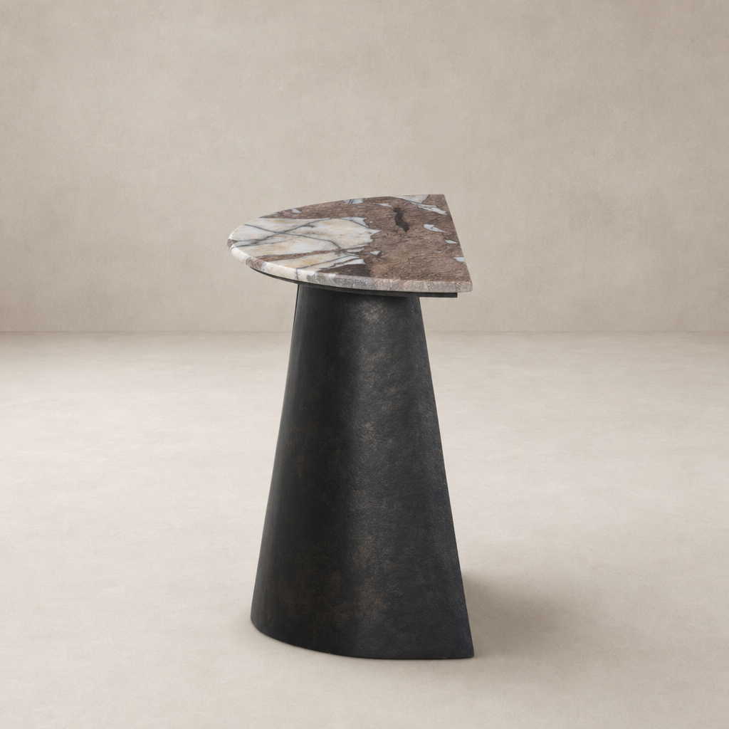 Bianca End Table featuring a unique triangular marble top and sleek black base.